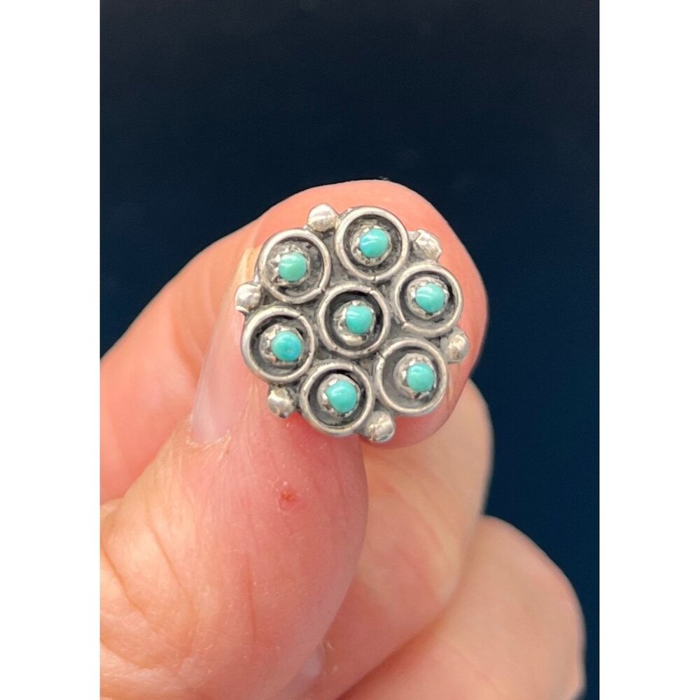 Vintage Zuni Sterling Silver Petit Point Snake Eyes Turquoise Pierced Earrings